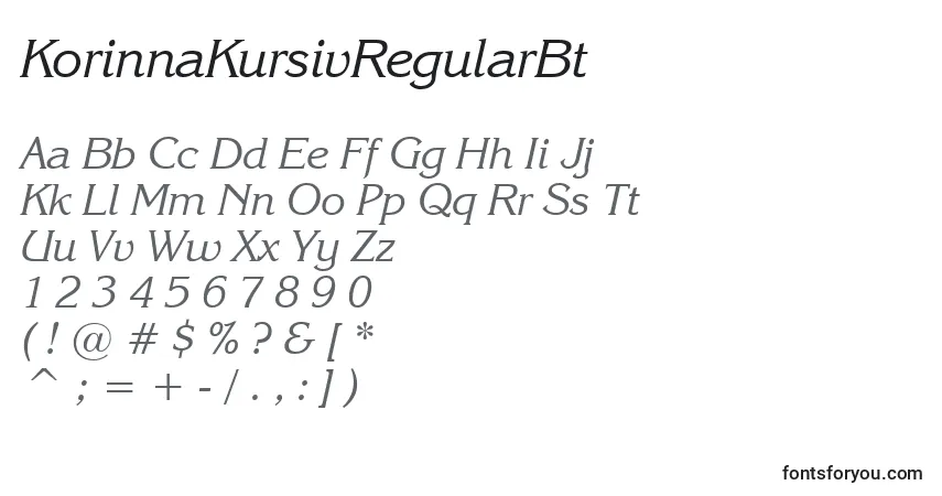 A fonte KorinnaKursivRegularBt – alfabeto, números, caracteres especiais