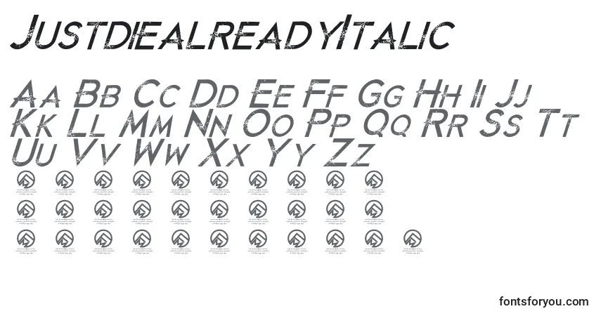 Шрифт JustdiealreadyItalic (106935) – алфавит, цифры, специальные символы