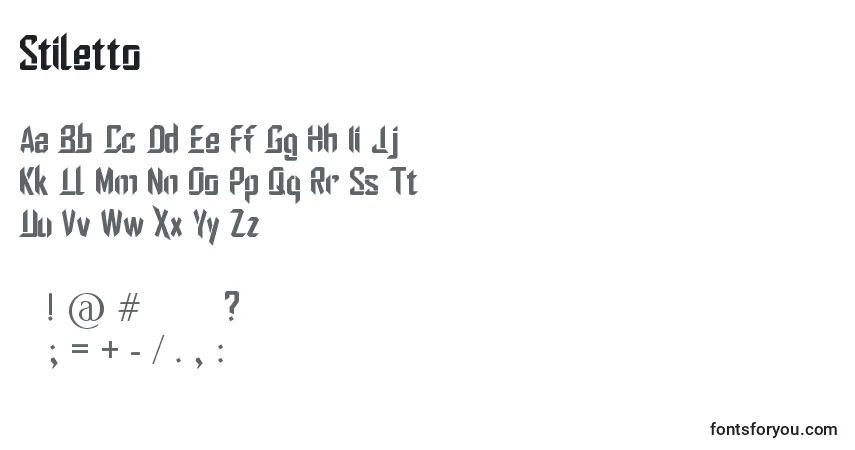 Czcionka Stiletto – alfabet, cyfry, specjalne znaki