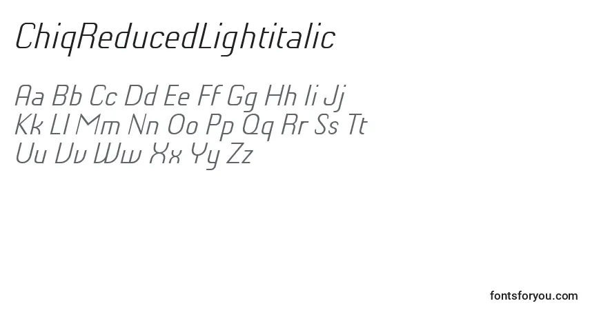 A fonte ChiqReducedLightitalic (106944) – alfabeto, números, caracteres especiais