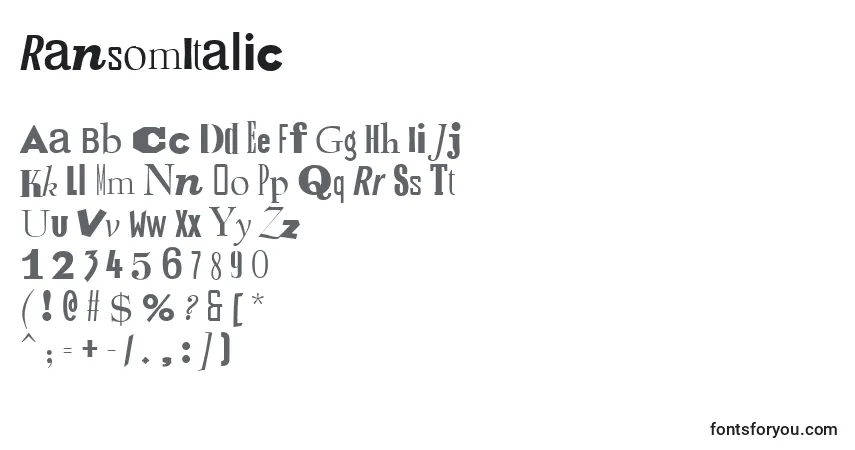 Czcionka RansomItalic – alfabet, cyfry, specjalne znaki