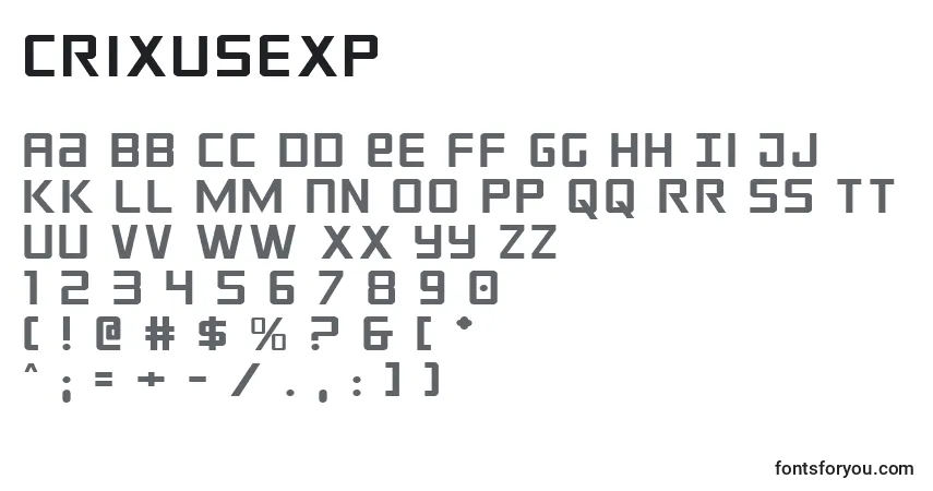 Czcionka Crixusexp – alfabet, cyfry, specjalne znaki