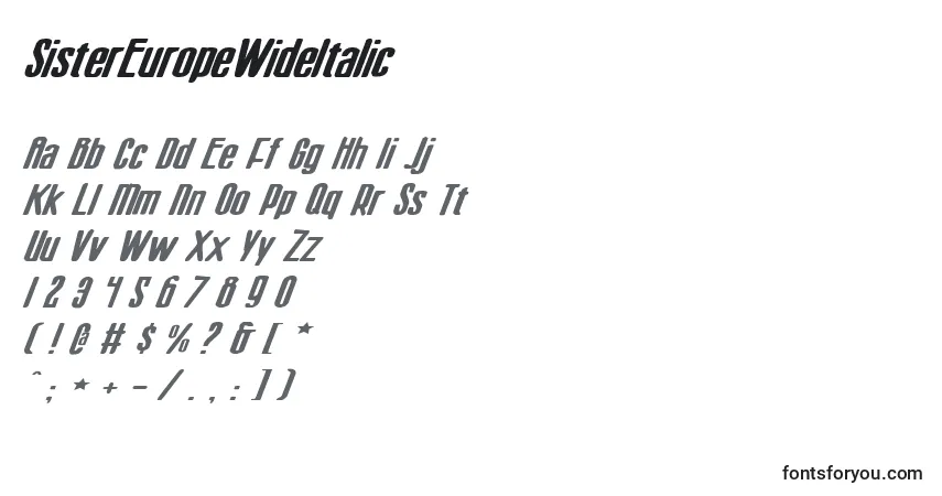Шрифт SisterEuropeWideItalic – алфавит, цифры, специальные символы