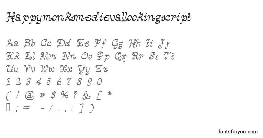 A fonte Happymonksmedievallookingscript – alfabeto, números, caracteres especiais