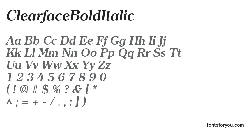 Czcionka ClearfaceBoldItalic – alfabet, cyfry, specjalne znaki
