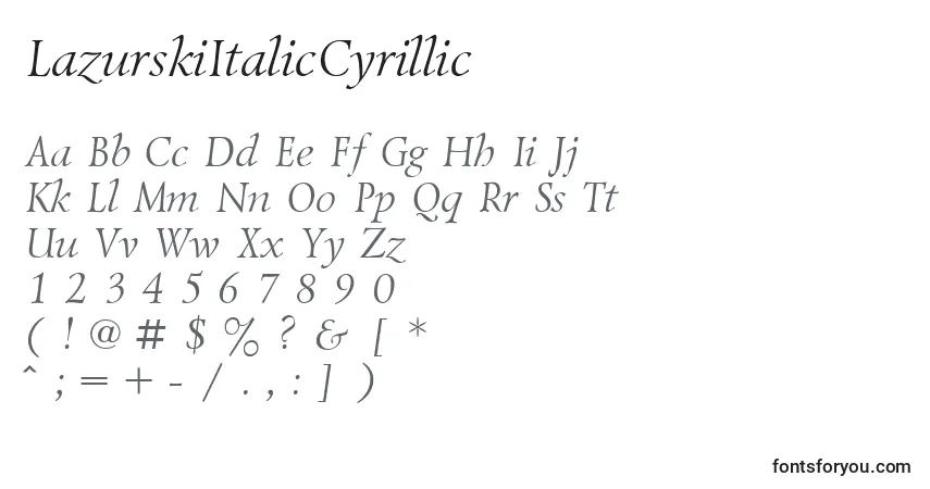 A fonte LazurskiItalicCyrillic – alfabeto, números, caracteres especiais