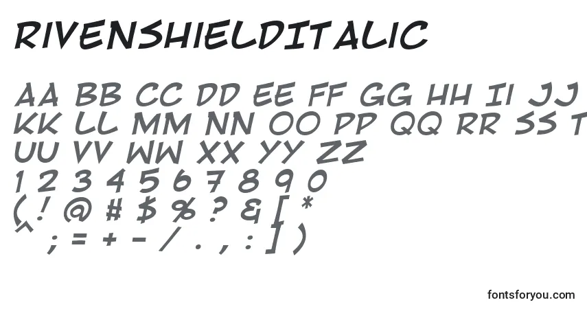 Schriftart RivenshieldItalic – Alphabet, Zahlen, spezielle Symbole