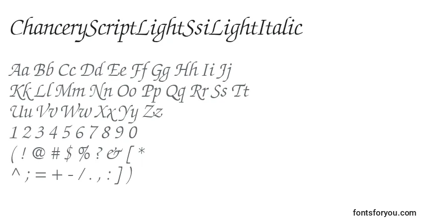 Czcionka ChanceryScriptLightSsiLightItalic – alfabet, cyfry, specjalne znaki