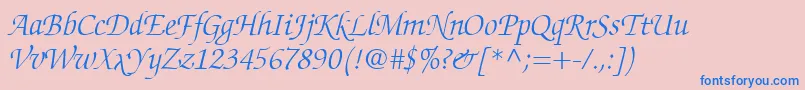 Fonte ChanceryScriptLightSsiLightItalic – fontes azuis em um fundo rosa