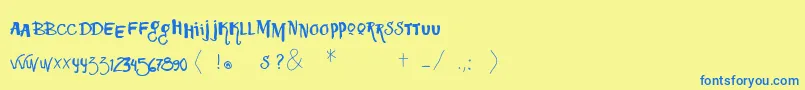 フォントVtkssquizita – 青い文字が黄色の背景にあります。