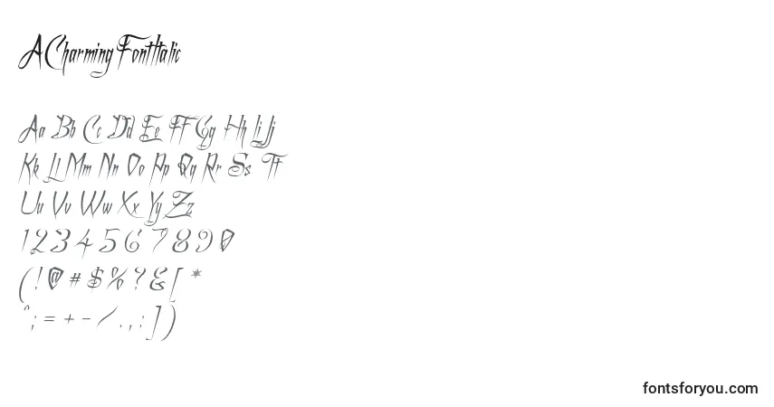 Czcionka ACharmingFontItalic – alfabet, cyfry, specjalne znaki