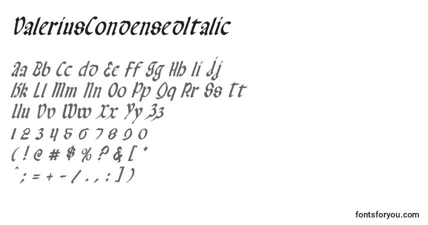 ValeriusCondensedItalic-fontti – aakkoset, numerot, erikoismerkit