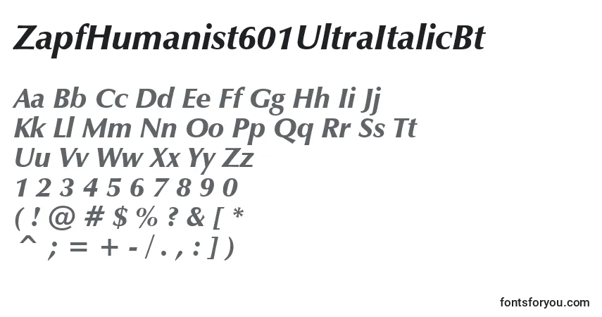 Шрифт ZapfHumanist601UltraItalicBt – алфавит, цифры, специальные символы