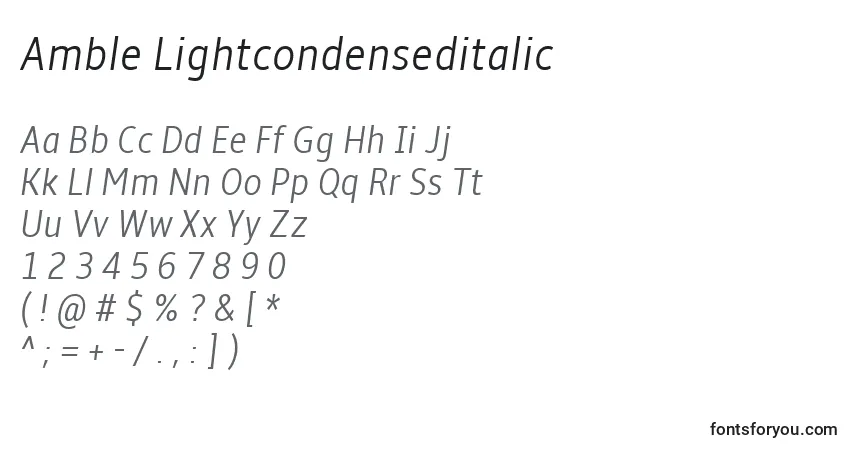 Czcionka Amble Lightcondenseditalic – alfabet, cyfry, specjalne znaki