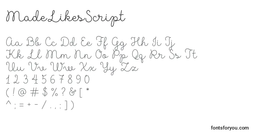 A fonte MadeLikesScript – alfabeto, números, caracteres especiais