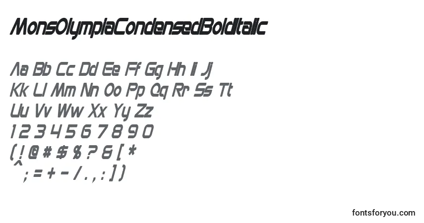 Schriftart MonsOlympiaCondensedBoldItalic – Alphabet, Zahlen, spezielle Symbole