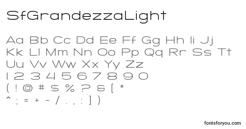 Czcionka SfGrandezzaLight – alfabet, cyfry, specjalne znaki