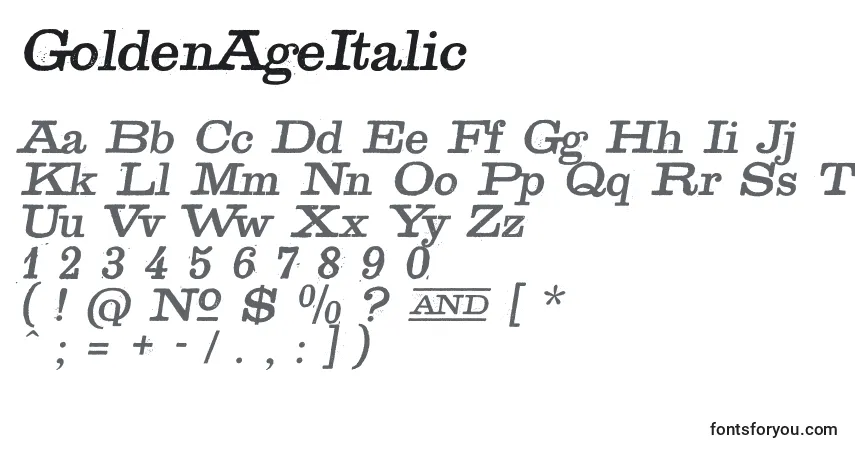 Шрифт GoldenAgeItalic – алфавит, цифры, специальные символы