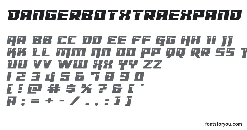 Czcionka Dangerbotxtraexpand – alfabet, cyfry, specjalne znaki