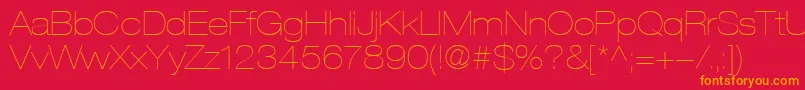 HelveticaLt23UltraLightExtended-Schriftart – Orangefarbene Schriften auf rotem Hintergrund