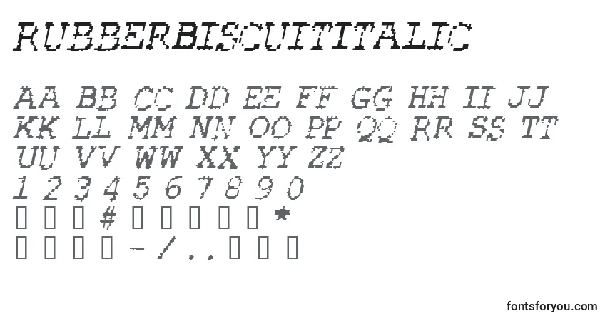 A fonte RubberBiscuitItalic – alfabeto, números, caracteres especiais