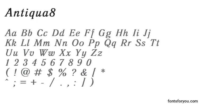 A fonte Antiqua8 – alfabeto, números, caracteres especiais