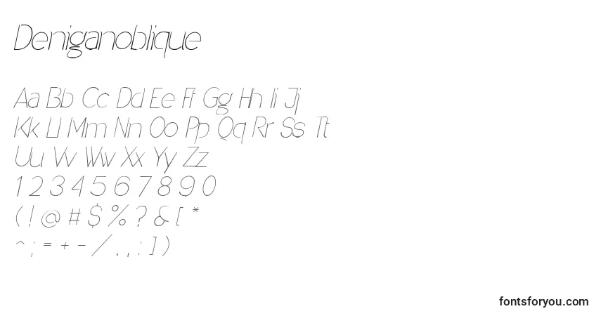 Schriftart Deniganoblique – Alphabet, Zahlen, spezielle Symbole
