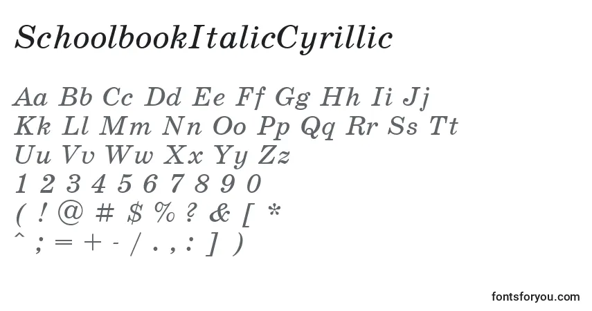 Czcionka SchoolbookItalicCyrillic – alfabet, cyfry, specjalne znaki