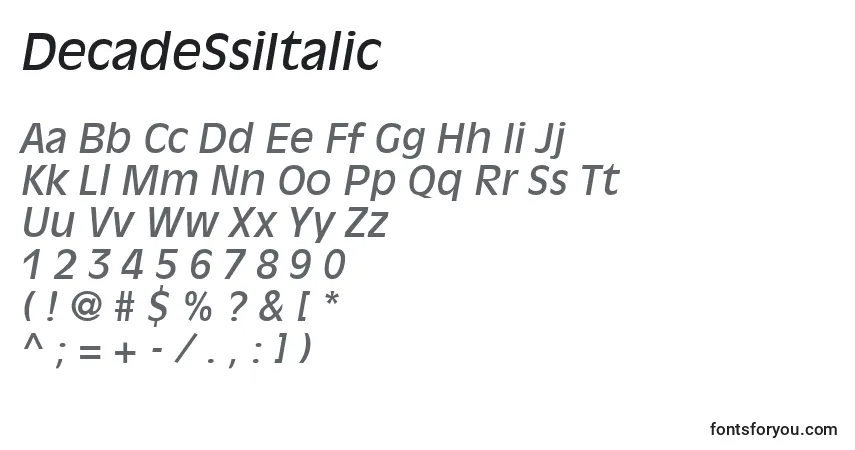 Шрифт DecadeSsiItalic – алфавит, цифры, специальные символы