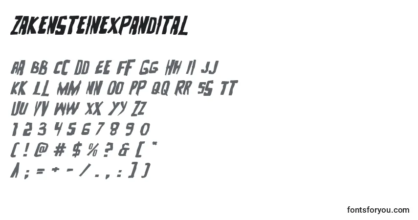 A fonte Zakensteinexpandital – alfabeto, números, caracteres especiais