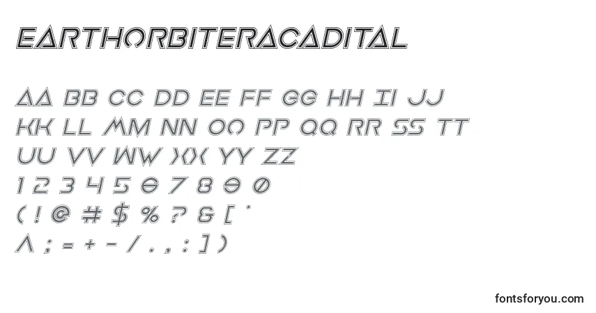 Czcionka Earthorbiteracadital – alfabet, cyfry, specjalne znaki
