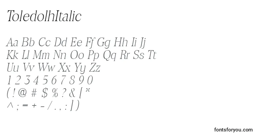 A fonte ToledolhItalic – alfabeto, números, caracteres especiais