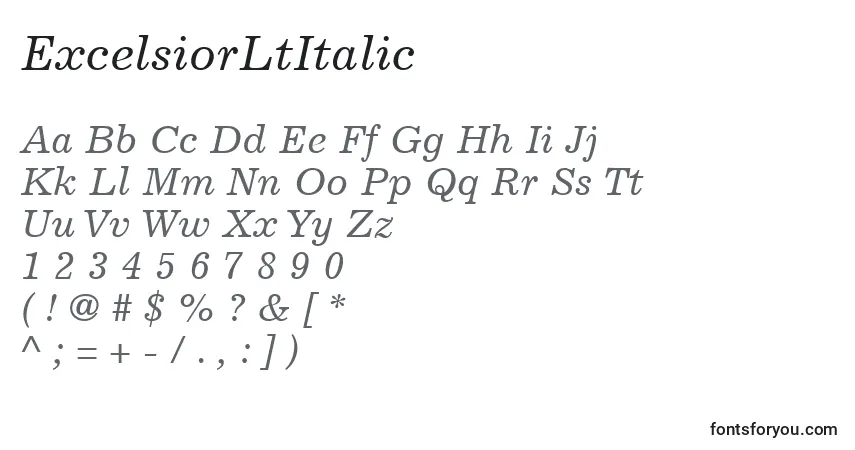 ExcelsiorLtItalic-fontti – aakkoset, numerot, erikoismerkit