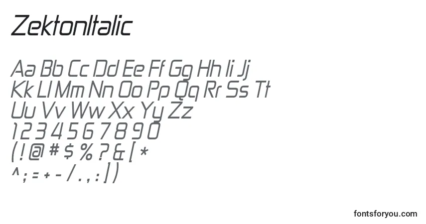 Шрифт ZektonItalic – алфавит, цифры, специальные символы