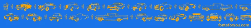 フォントOld Car – オレンジ色の文字が青い背景にあります。