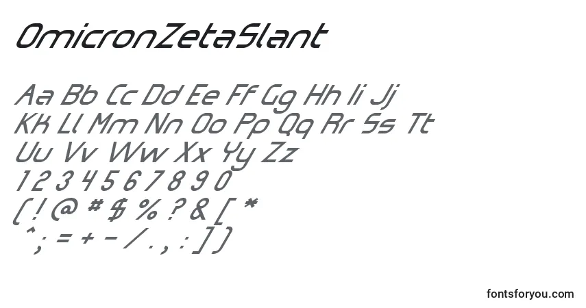 Czcionka OmicronZetaSlant – alfabet, cyfry, specjalne znaki