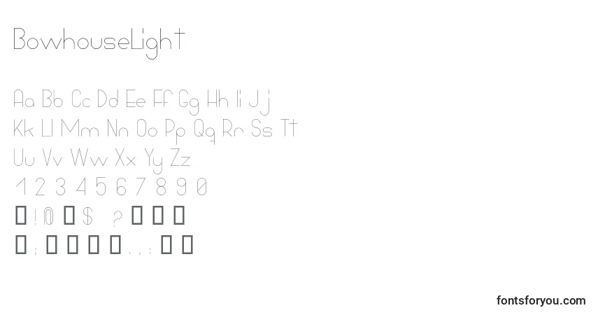 Czcionka BowhouseLight – alfabet, cyfry, specjalne znaki