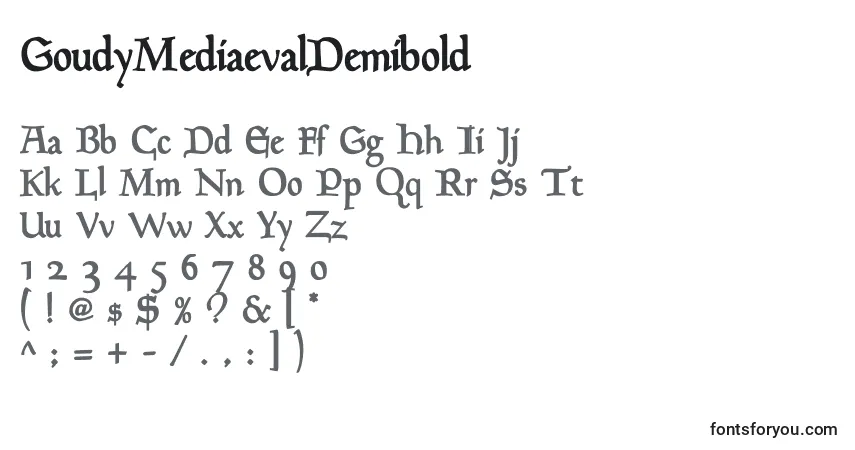 Czcionka GoudyMediaevalDemibold – alfabet, cyfry, specjalne znaki