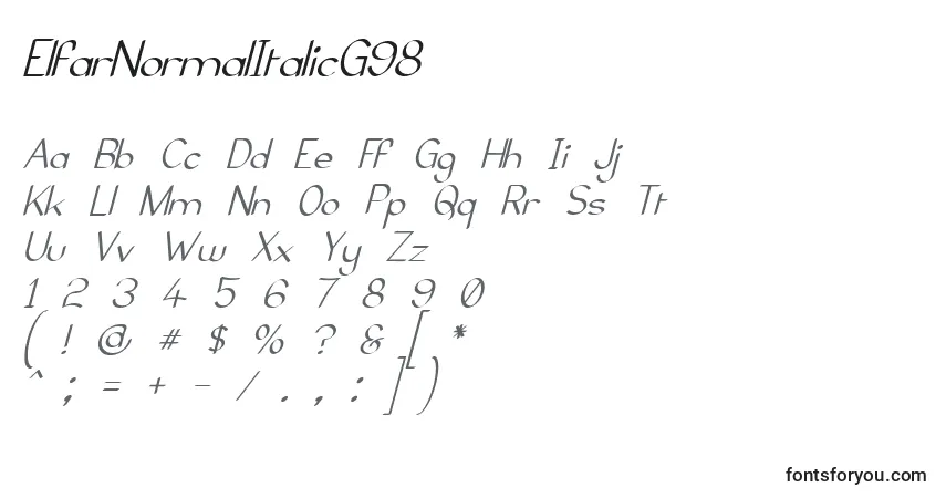 Schriftart ElfarNormalItalicG98 – Alphabet, Zahlen, spezielle Symbole