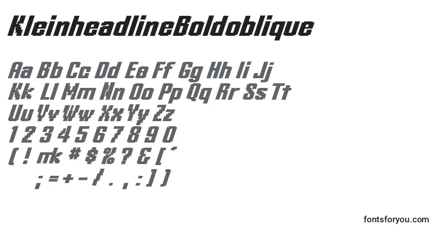A fonte KleinheadlineBoldoblique – alfabeto, números, caracteres especiais