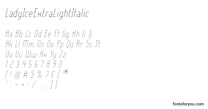 Schriftart LadyIceExtraLightItalic – Alphabet, Zahlen, spezielle Symbole