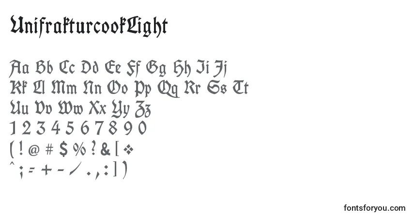 Czcionka UnifrakturcookLight – alfabet, cyfry, specjalne znaki