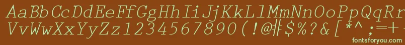 フォントPrestigetwoRegularitalic – 緑色の文字が茶色の背景にあります。