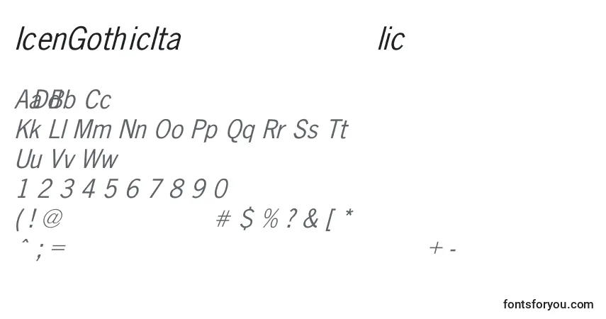 Schriftart IcenGothicItalic – Alphabet, Zahlen, spezielle Symbole