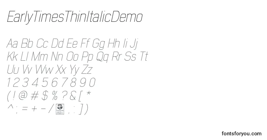 Шрифт EarlyTimesThinItalicDemo – алфавит, цифры, специальные символы