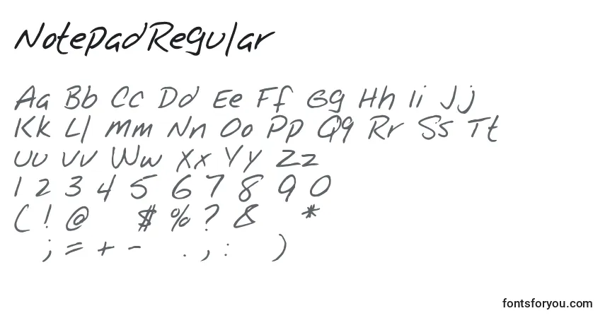 A fonte NotepadRegular – alfabeto, números, caracteres especiais