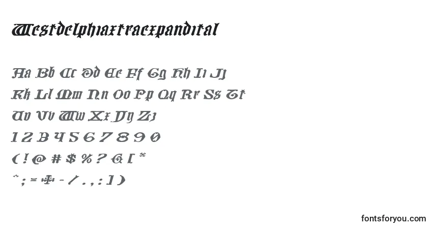 A fonte Westdelphiaxtraexpandital – alfabeto, números, caracteres especiais