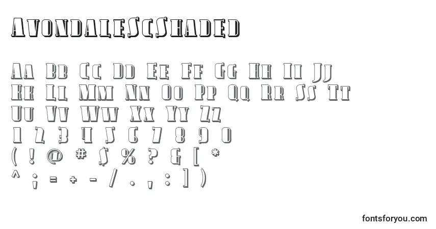 Czcionka AvondaleScShaded – alfabet, cyfry, specjalne znaki