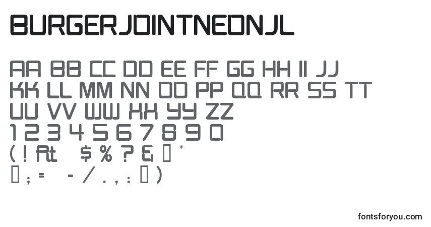 A fonte BurgerJointNeonJl – alfabeto, números, caracteres especiais