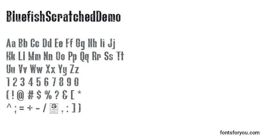 Шрифт BluefishScratchedDemo – алфавит, цифры, специальные символы